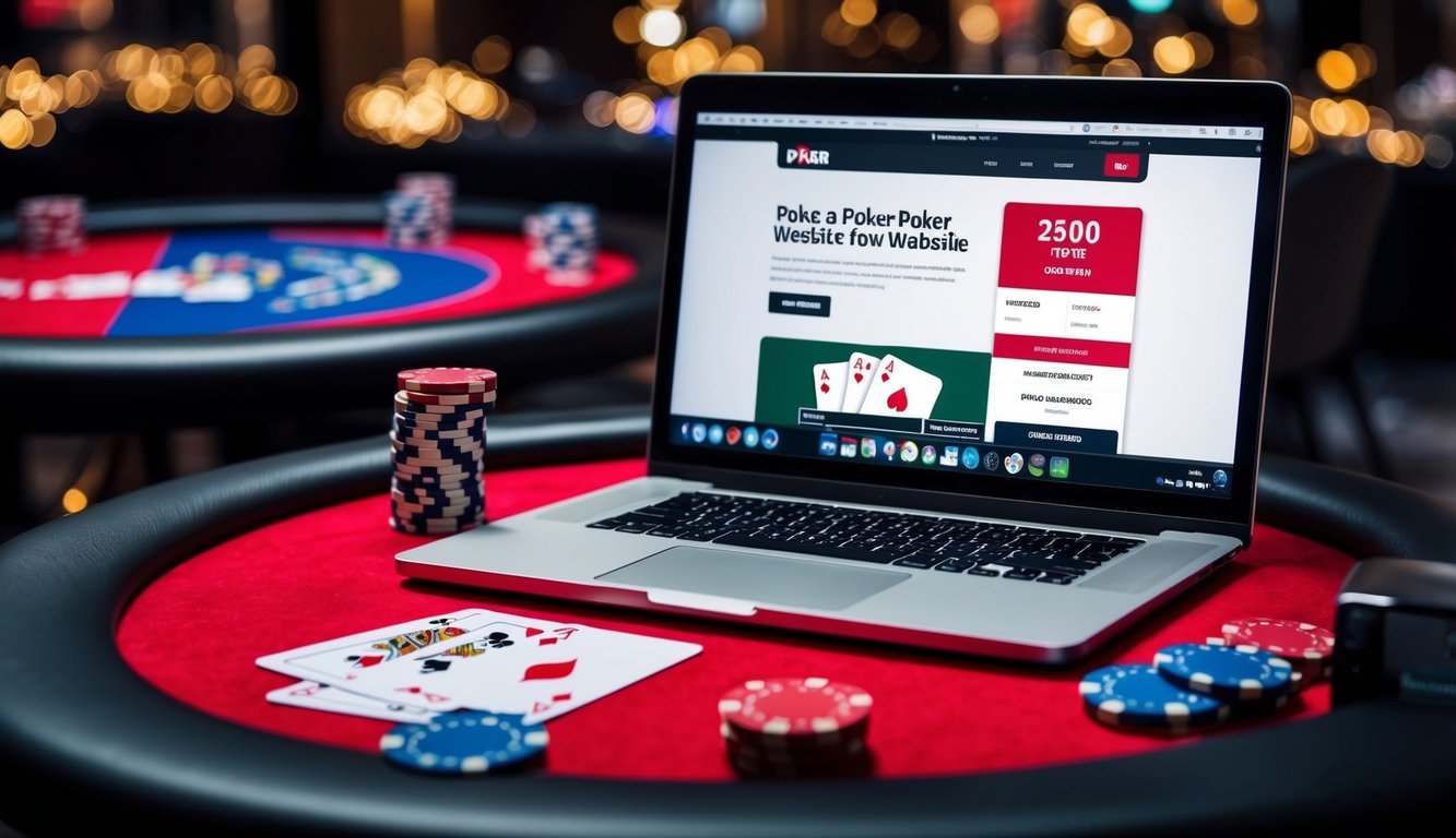 Sebuah meja poker dengan kartu, chip, dan laptop yang menampilkan situs web poker