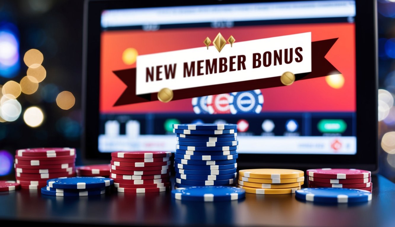 Sekelompok chip poker online dan kartu dengan spanduk "Bonus Anggota Baru" yang ditampilkan di layar digital