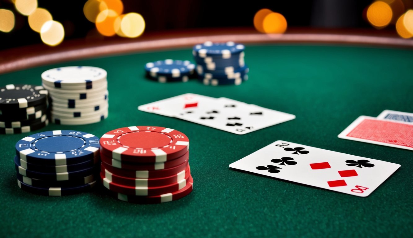 Sekelompok chip poker dan kartu yang disusun di atas meja felt hijau