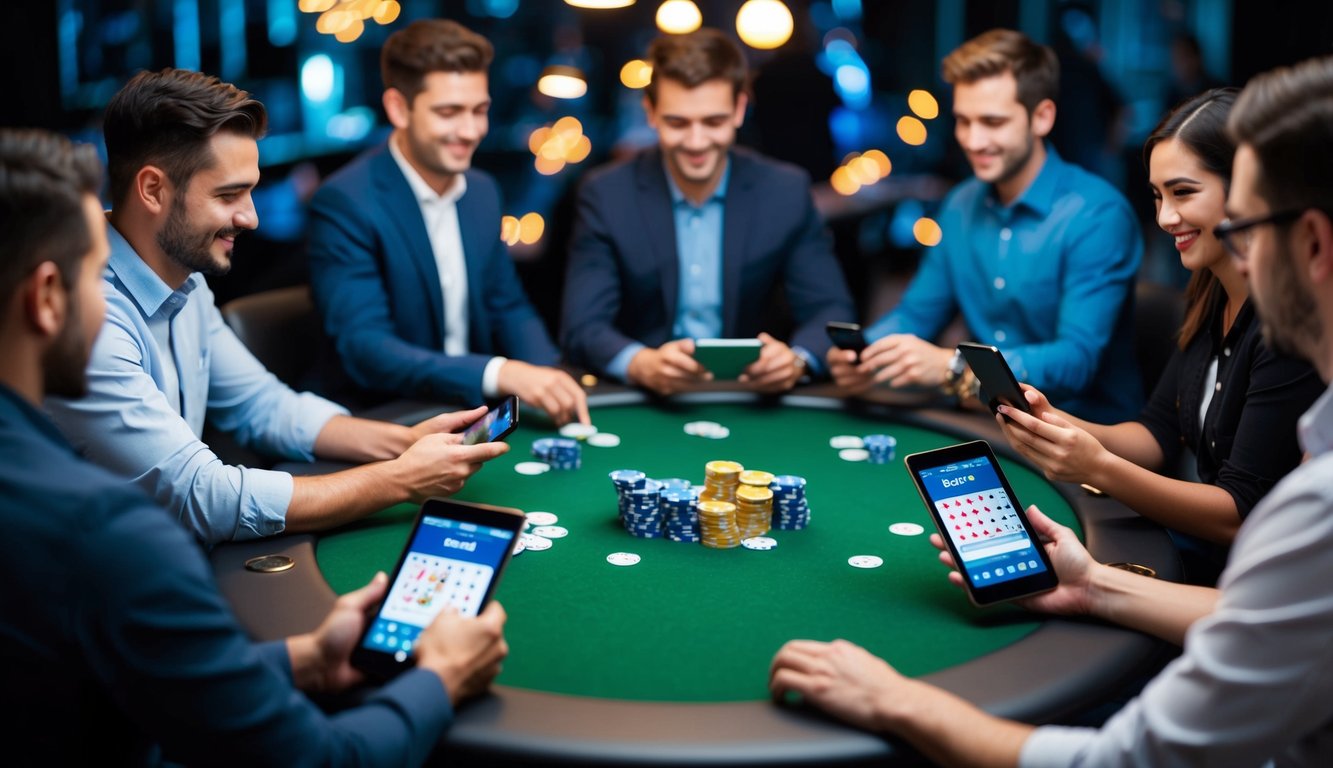 Sekelompok orang berkumpul di sekitar meja, bermain poker online di perangkat mereka, dengan chip dan kartu berserakan di sekitar