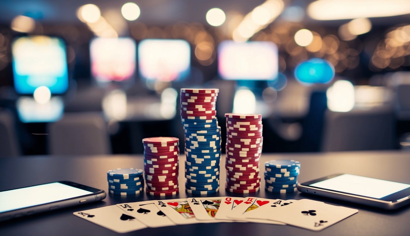 Sekelompok chip poker dan kartu bermain yang disusun di layar perangkat digital untuk permainan online