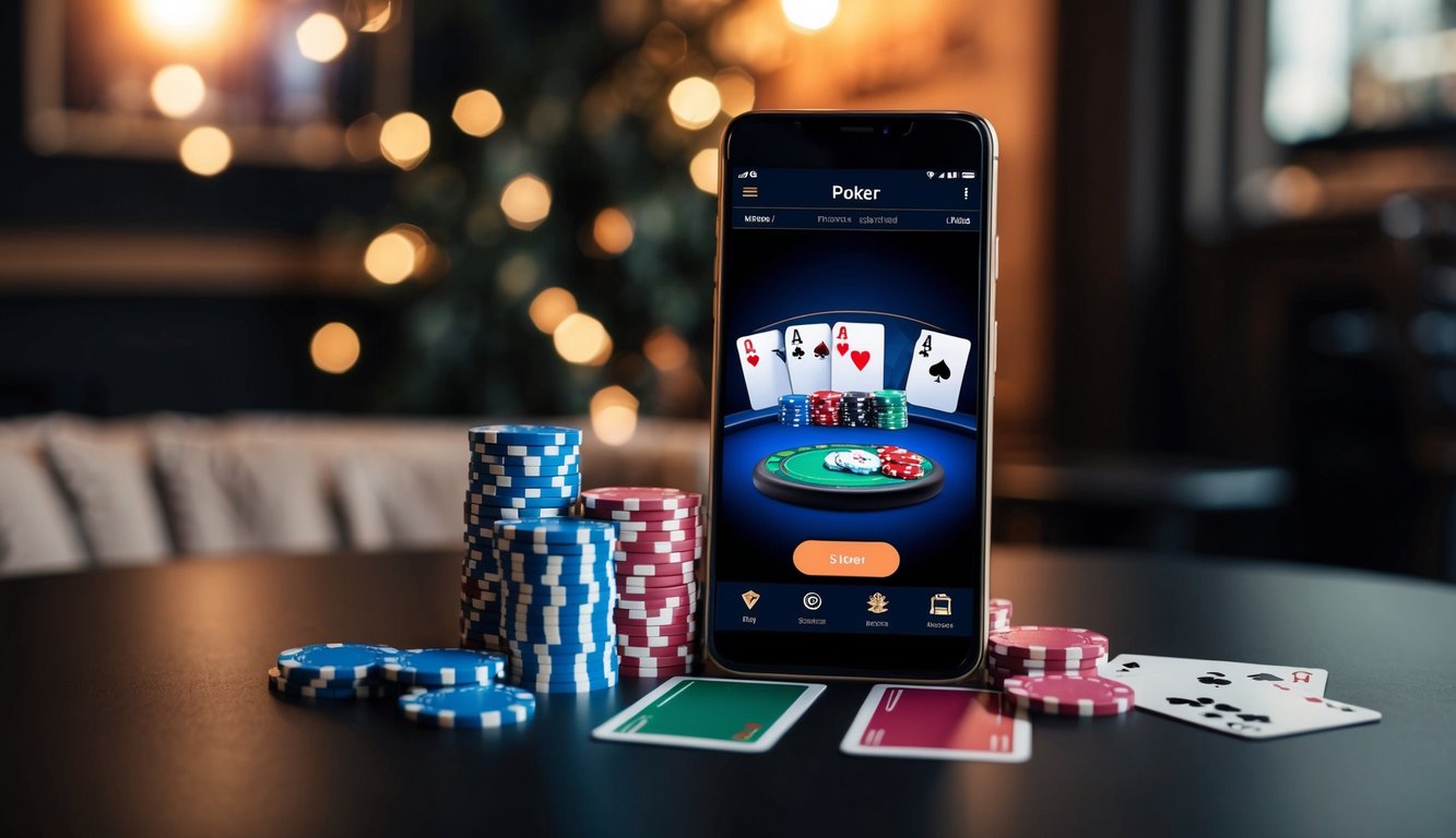 Sebuah smartphone menampilkan aplikasi permainan poker, dengan chip dan kartu di atas meja, dikelilingi oleh suasana yang nyaman dengan pencahayaan redup