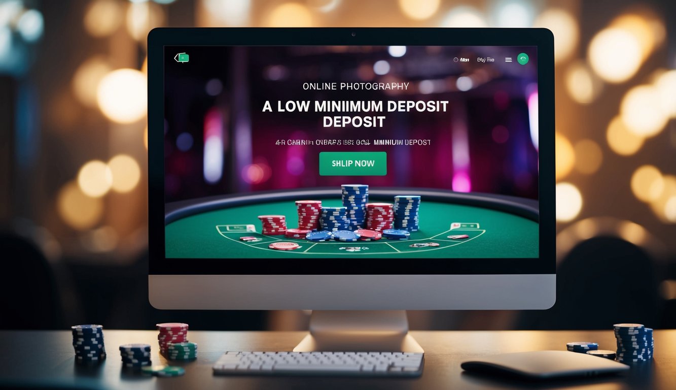 Sebuah layar komputer menampilkan permainan poker online dengan setoran minimum yang rendah. Chip dan kartu tersebar di meja virtual.