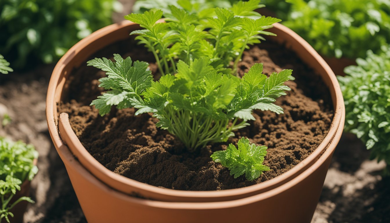 Rich soil in terracotta pot, orange carrot tops peeking through, surrounded by green foliage in a garden backdrop