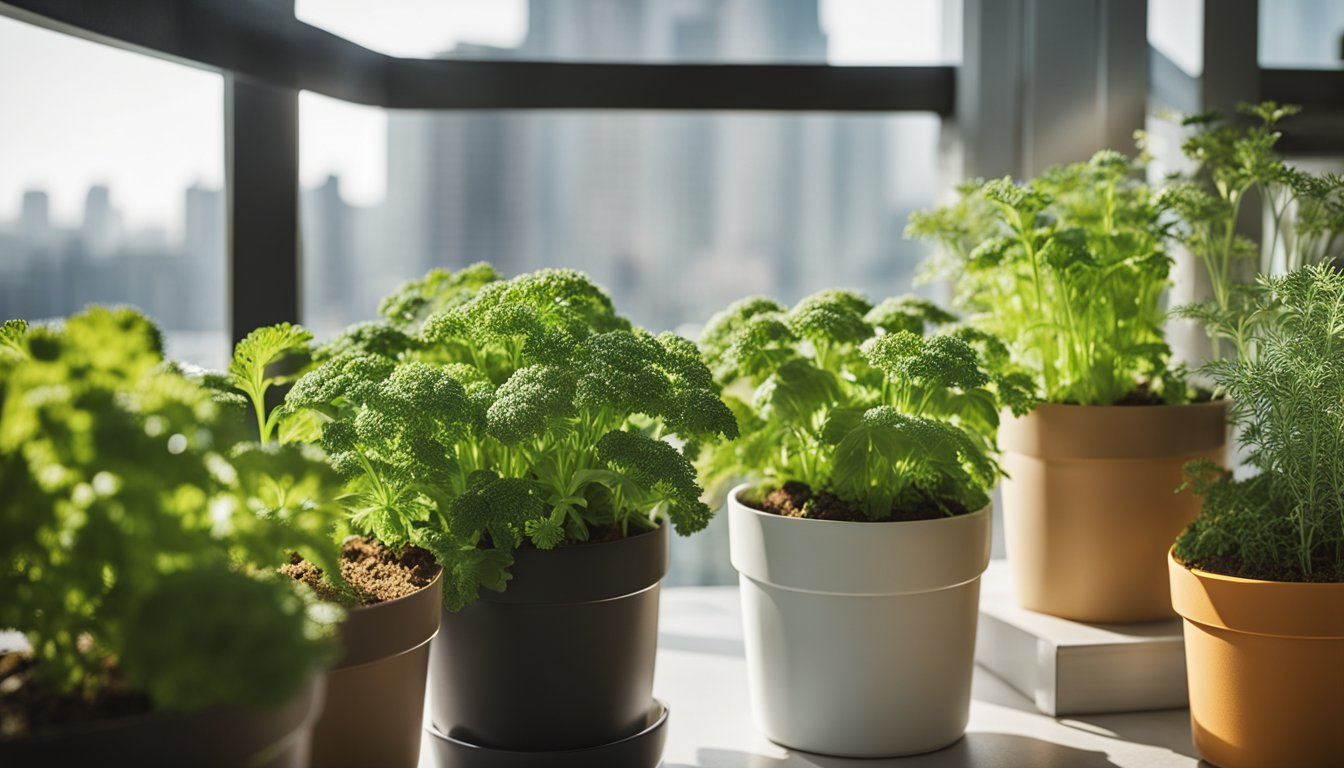 Several containers on a sunny balcony, with thriving carrot tops at different growth stages and some containers containing companion herbs