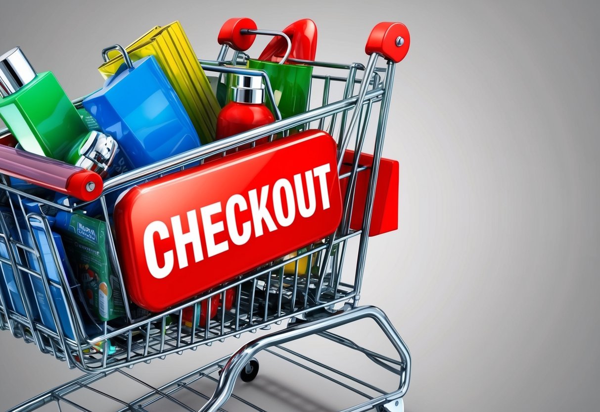 A cluttered online shopping cart with various items and a prominent "checkout" button