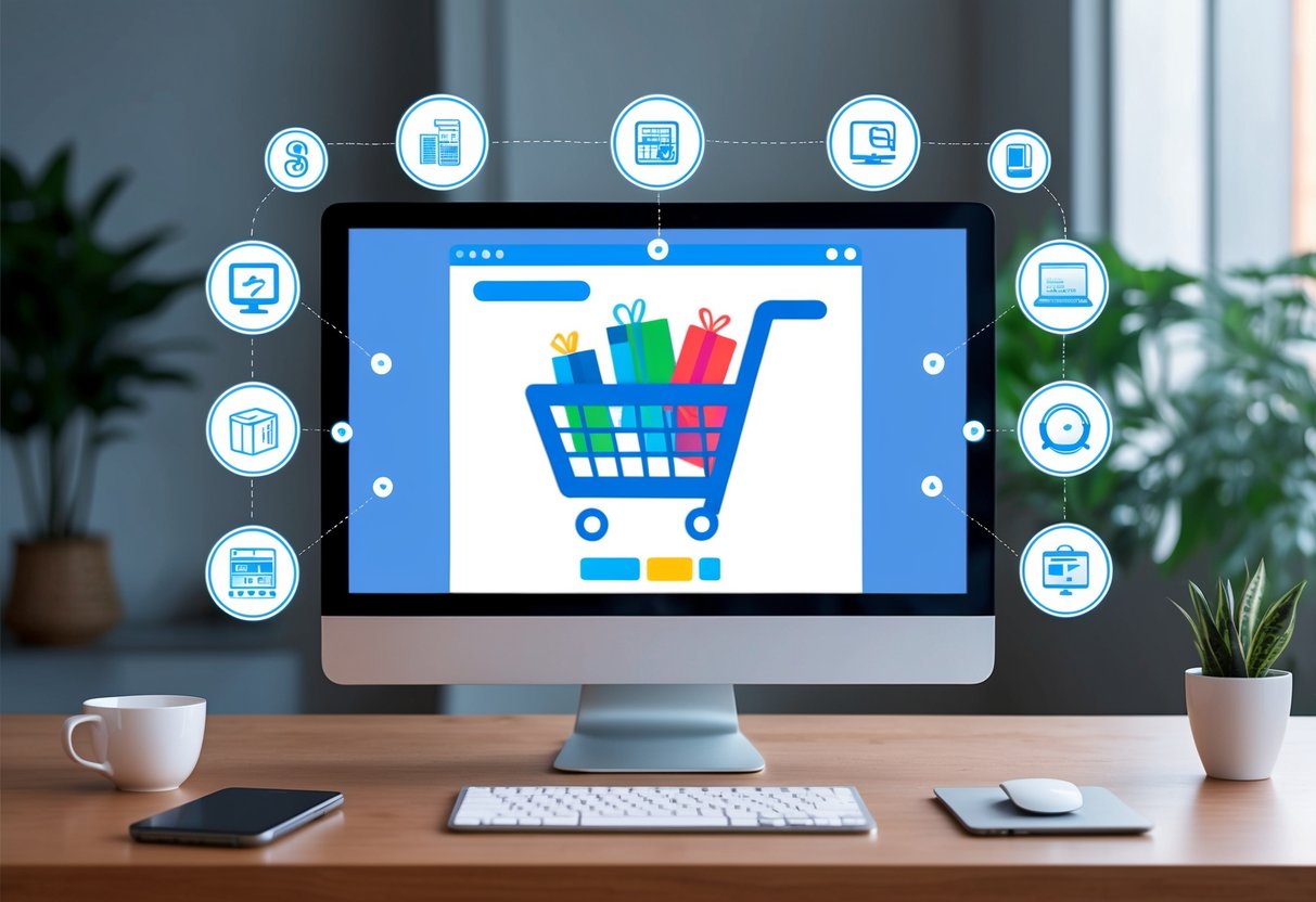 A computer screen displaying a virtual shopping cart with various items, surrounded by icons representing technology and online shopping enhancements