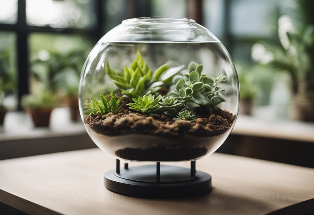 A glass terrarium with soil, plants, and branches. A heat lamp are also present