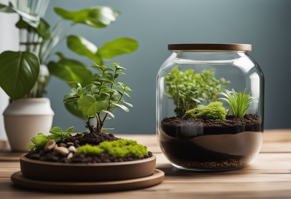 A table with a glass terrarium, potting soil, sticks, leaves, and a small water dish