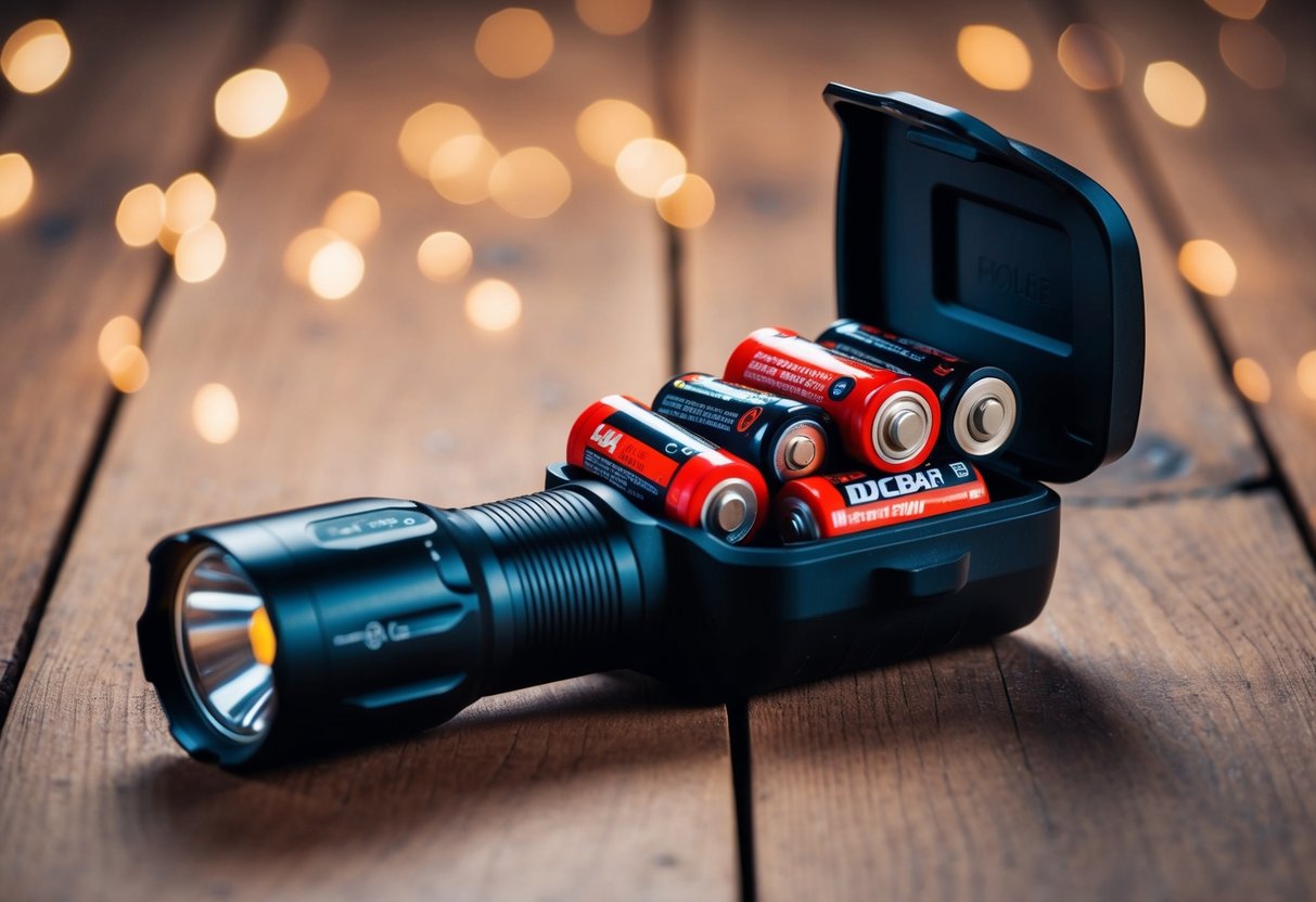 A flashlight lies open, revealing a pile of dead batteries inside