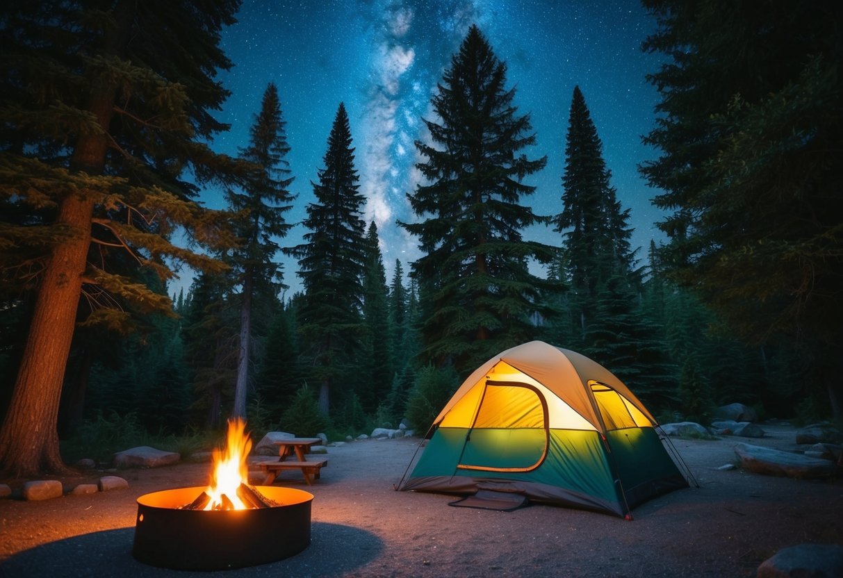 A serene campsite nestled among towering trees, with a cozy fire pit and a colorful tent set against a backdrop of starry night sky
