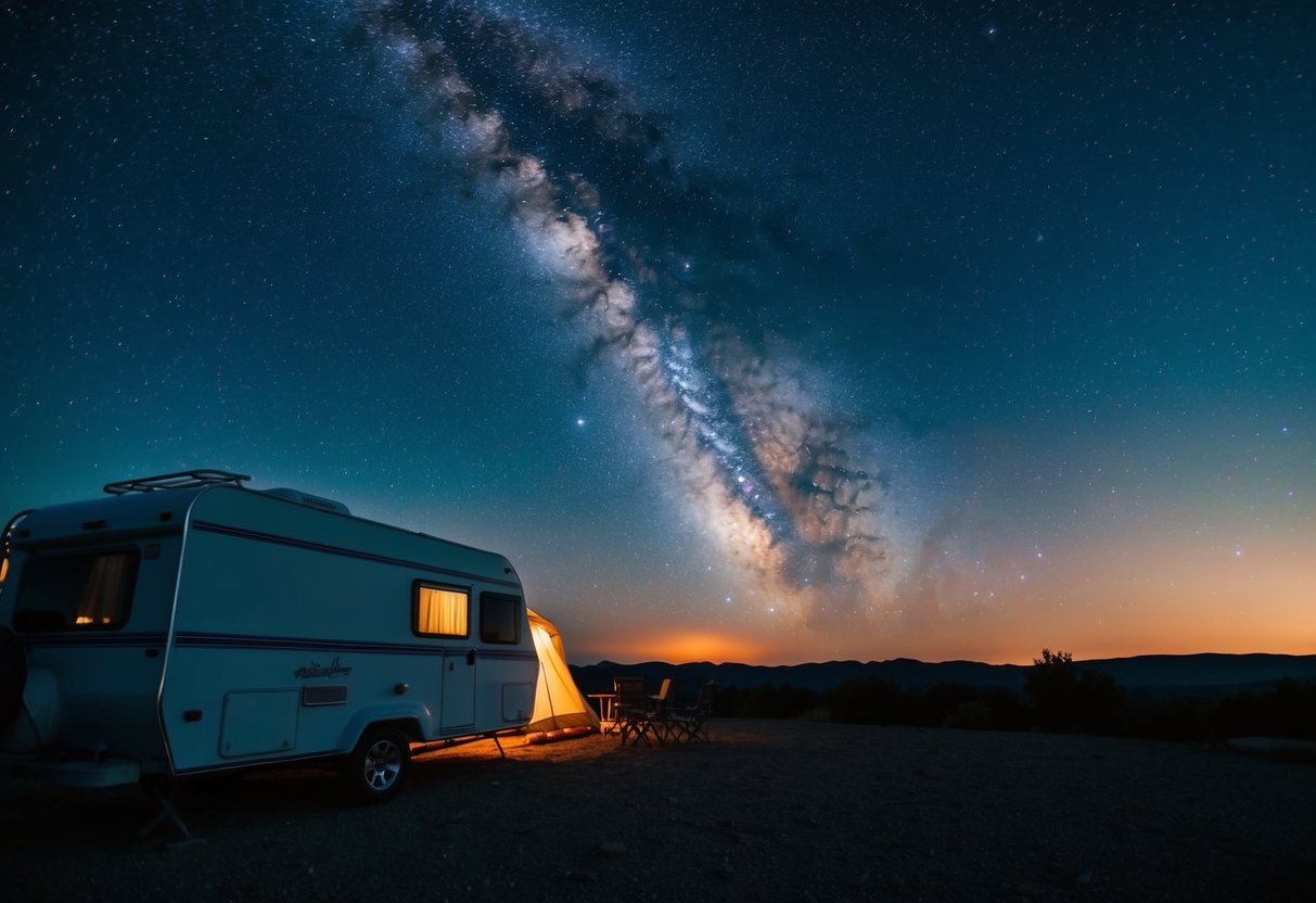 A clear night sky with twinkling stars and a peaceful camping scene