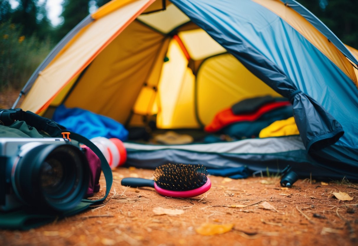 A messy tent with a hairbrush and camping gear scattered around