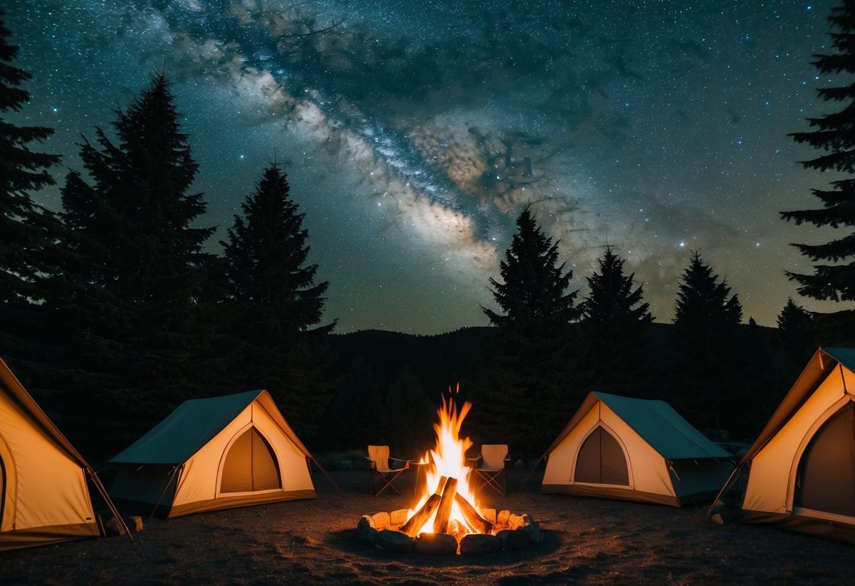 A cozy campfire surrounded by tents and trees, with a clear night sky filled with twinkling stars above
