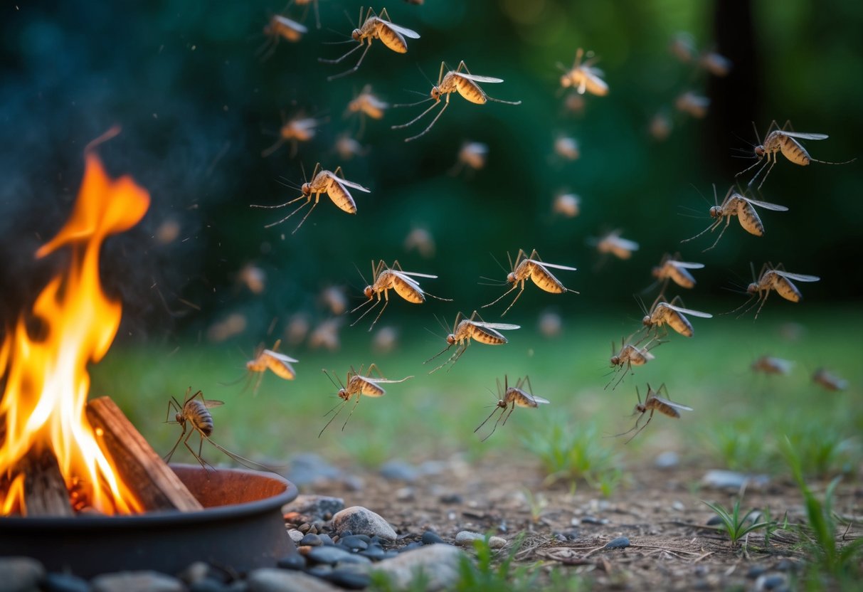 A swarm of mosquitoes buzzing around a campsite, drawn to the light of a flickering campfire