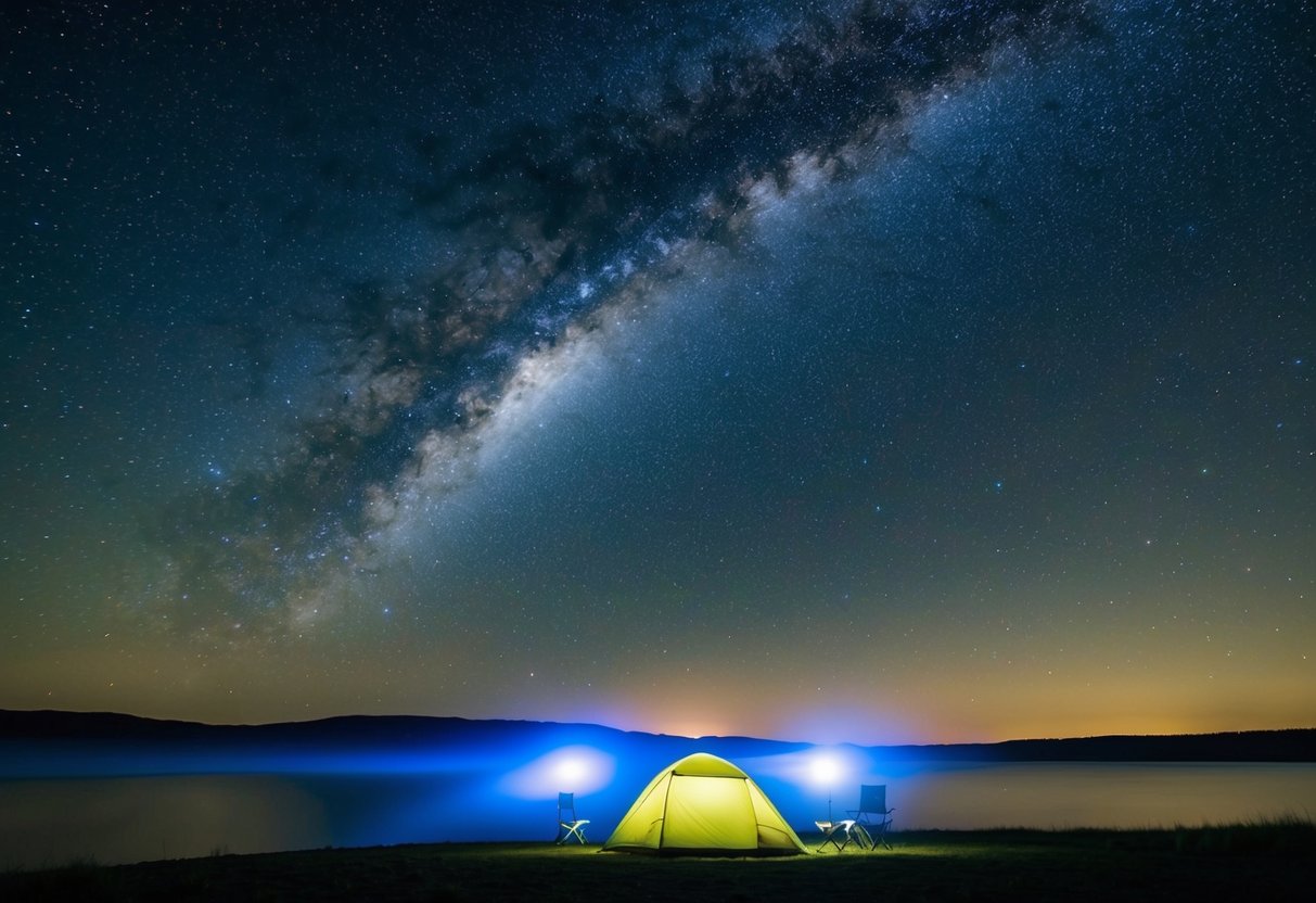A serene night sky with twinkling stars above a campsite, highlighting the insignificance of human plans in comparison to the vastness of the universe