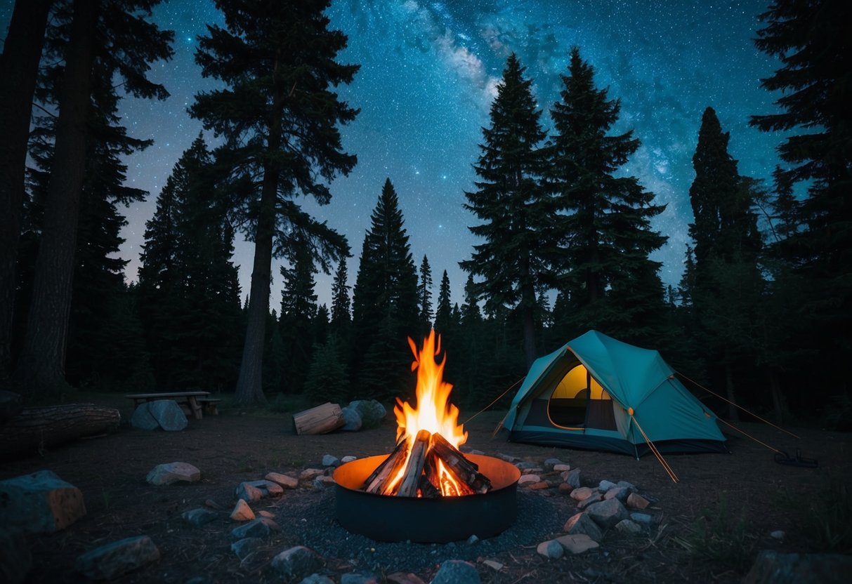 A cozy campfire surrounded by towering trees and a starry night sky, with a tent pitched in the background