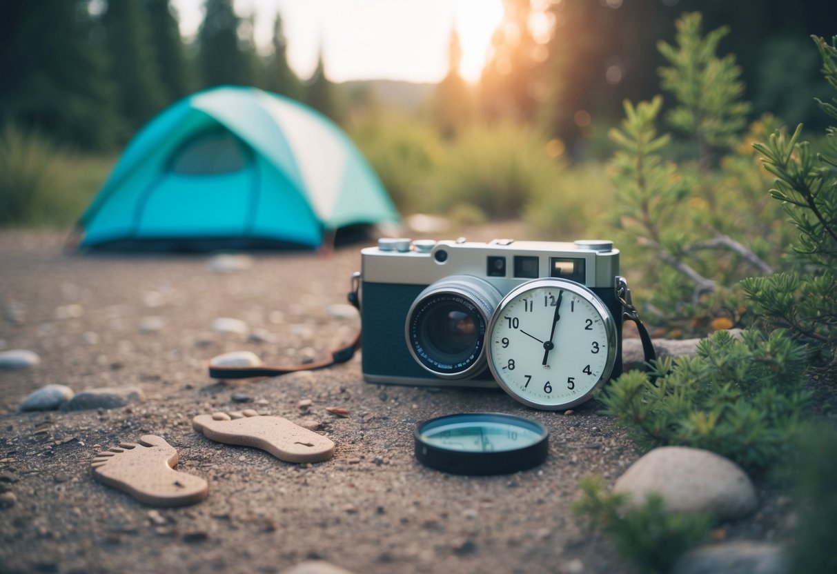 A serene campsite with a camera, footprints, and a clock, surrounded by nature