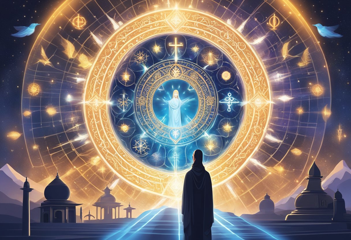 A glowing figure surrounded by symbols of various religions, with rays of light emanating from it