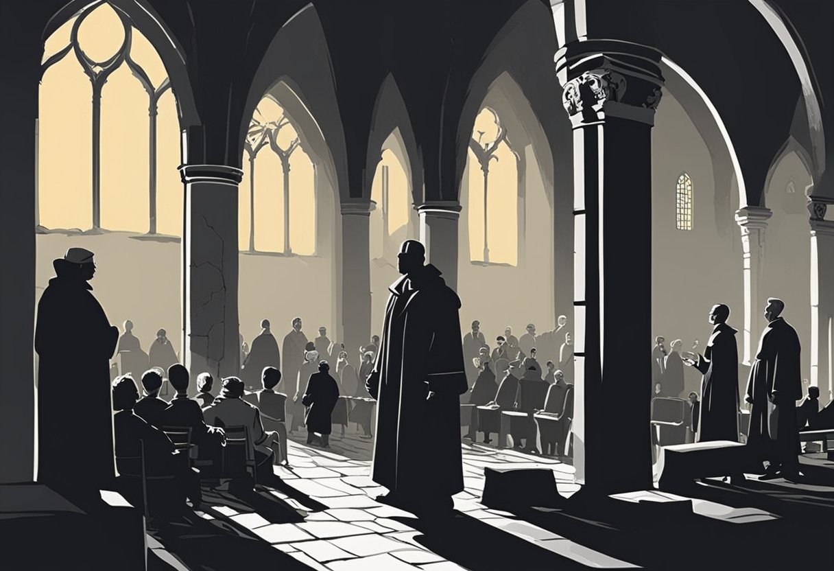 A dark figure casts a shadow over a crumbling church, while a group of people engage in heated debate nearby