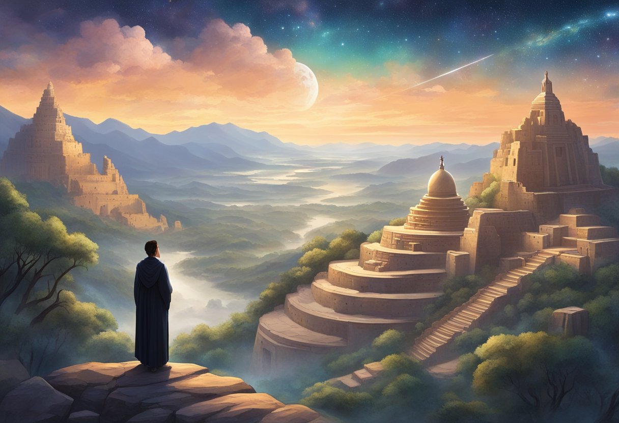 A lone figure stands atop a mountain, gazing out at a vast, star-filled sky, surrounded by ancient ruins and symbols of various religious beliefs
