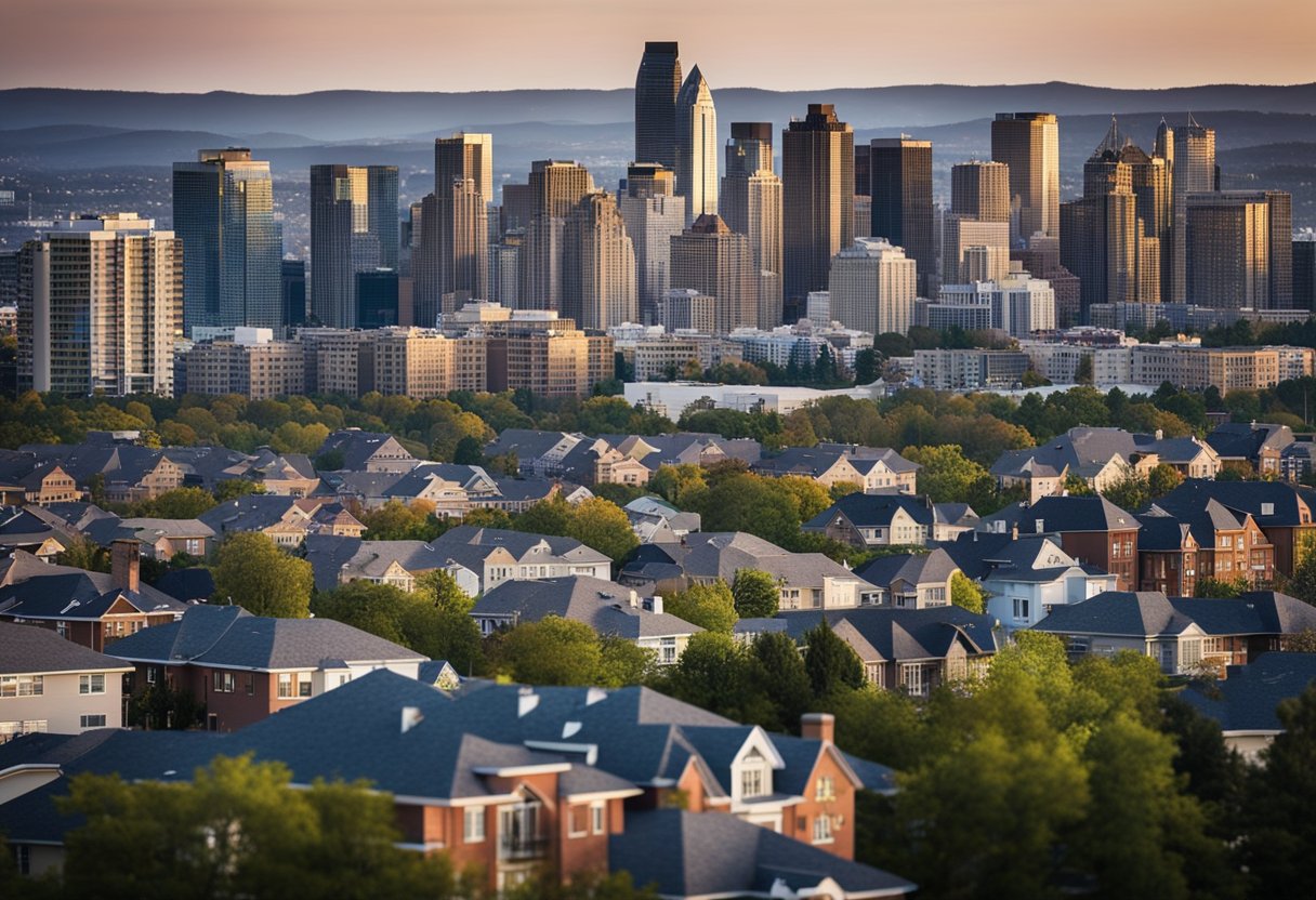 A bustling city skyline with a mix of high-rise condominiums and suburban neighborhoods, showing a contrast in housing inventory