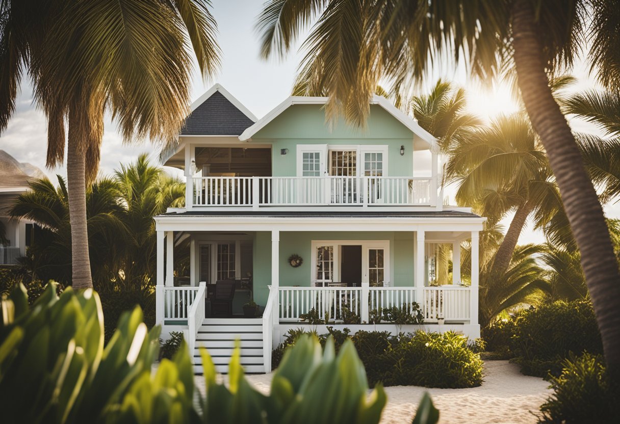 A cozy beachfront cottage with a "Vacation Rental" sign out front, surrounded by palm trees and overlooking the ocean