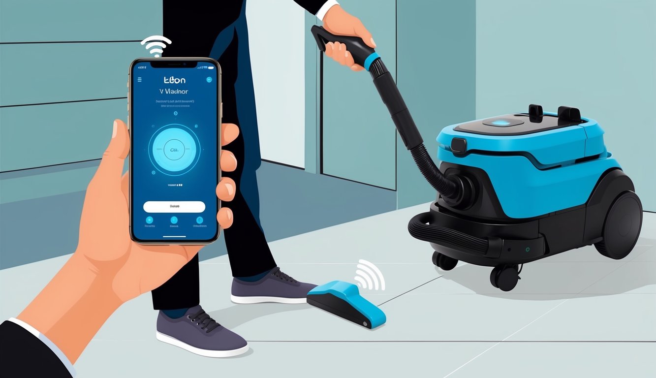 Une personne utilisant un smartphone pour contrôler et surveiller à distance l'aspirateur Lebon E Washer V2 Pro