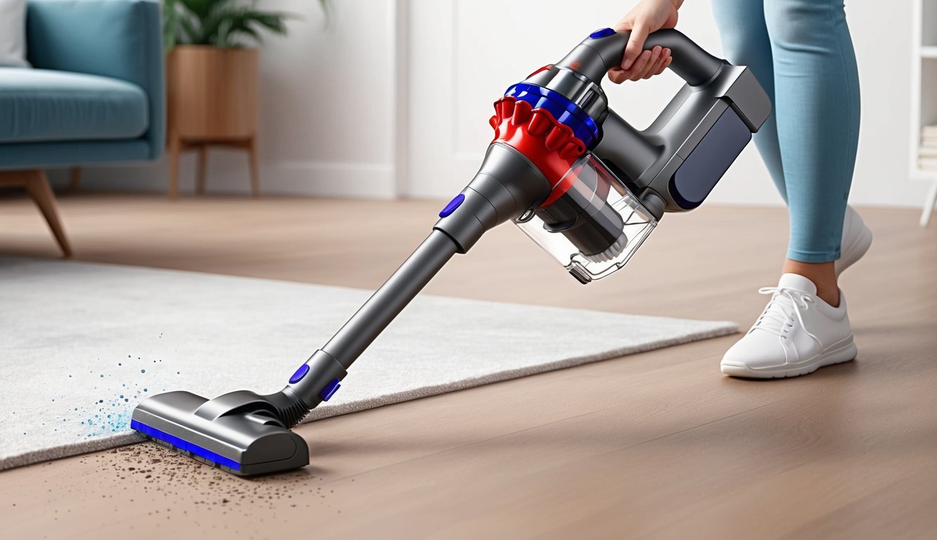 Un aspirateur sans fil élégant et moderne en action, nettoyant sans effort une variété de surfaces avec précision et efficacité.