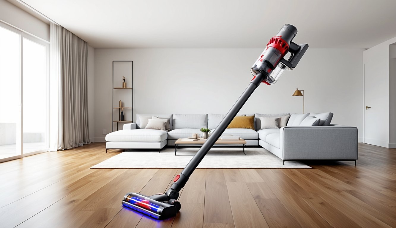 Un aspirateur balai sans fil élégant et moderne dans un salon spacieux et bien rangé avec des sols en bois franc et une décoration minimaliste.