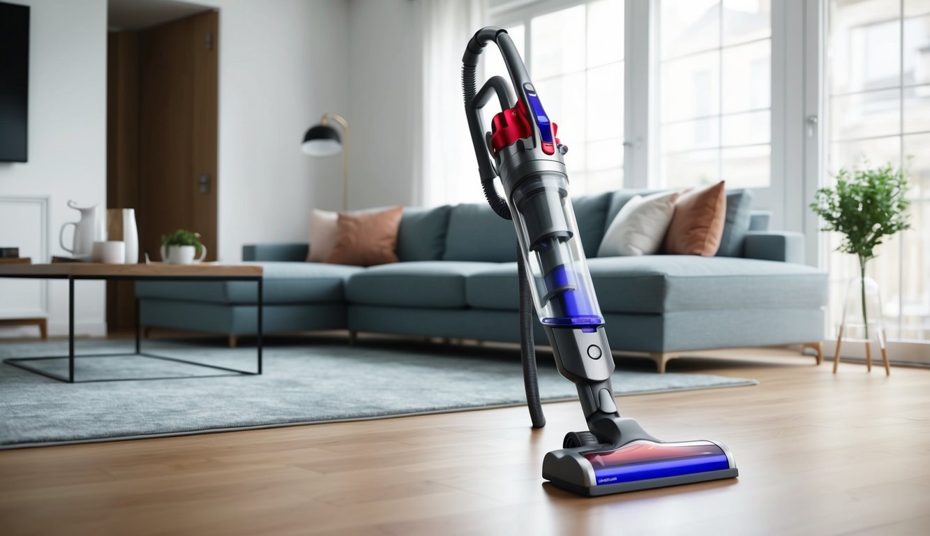 Un aspirateur moderne et élégant se tient seul dans un salon bien rangé, prêt à l'action.