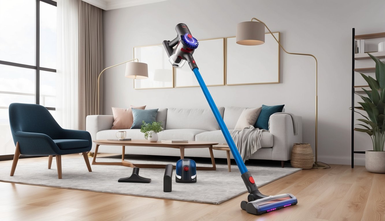 Un aspirateur balai sans fil avec divers accessoires dans un salon moderne et bien rangé