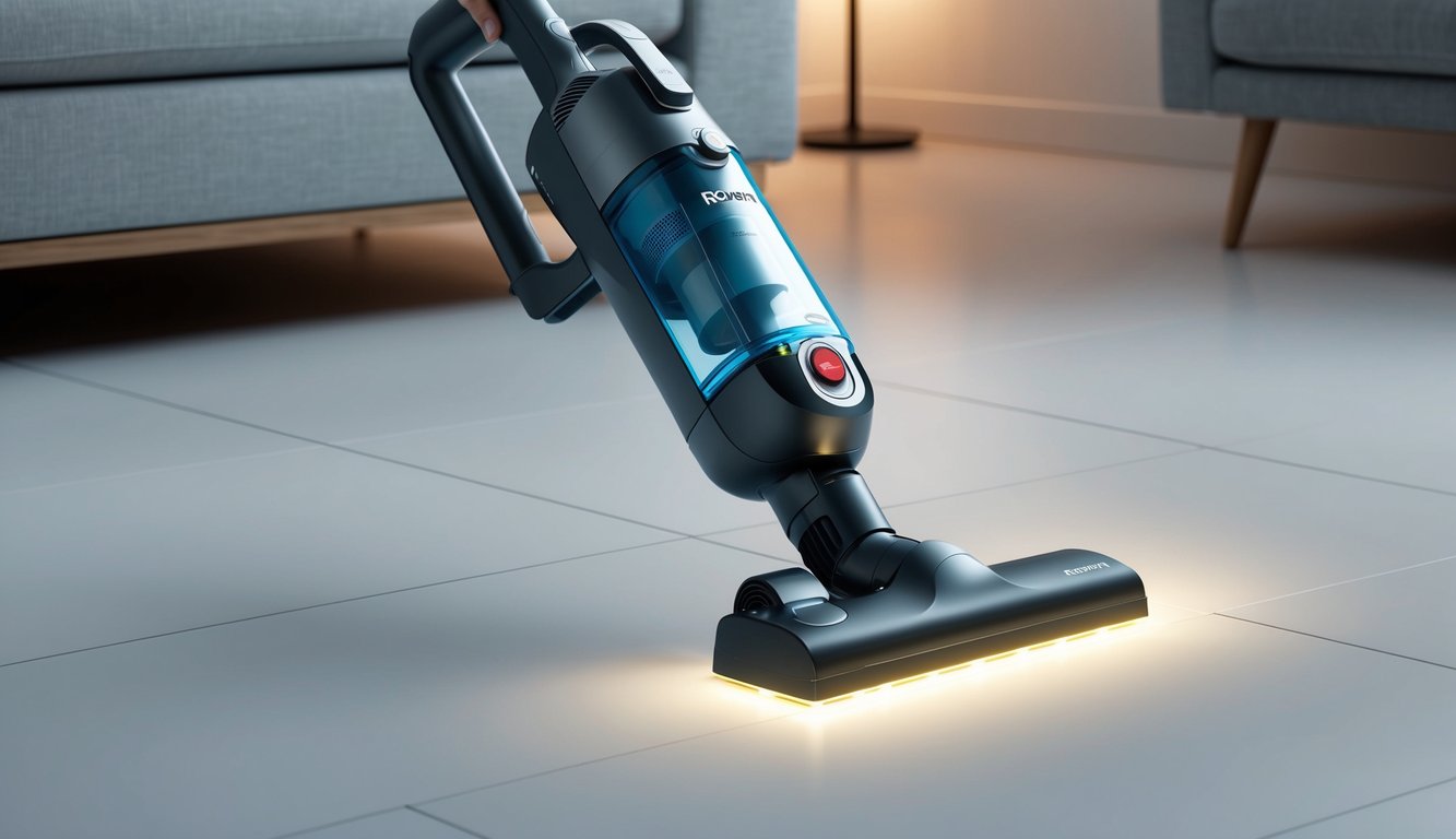 Un aspirateur moderne et élégant de Rowenta repose sur un sol propre et dégagé, avec une douce lueur illuminant son design élégant.