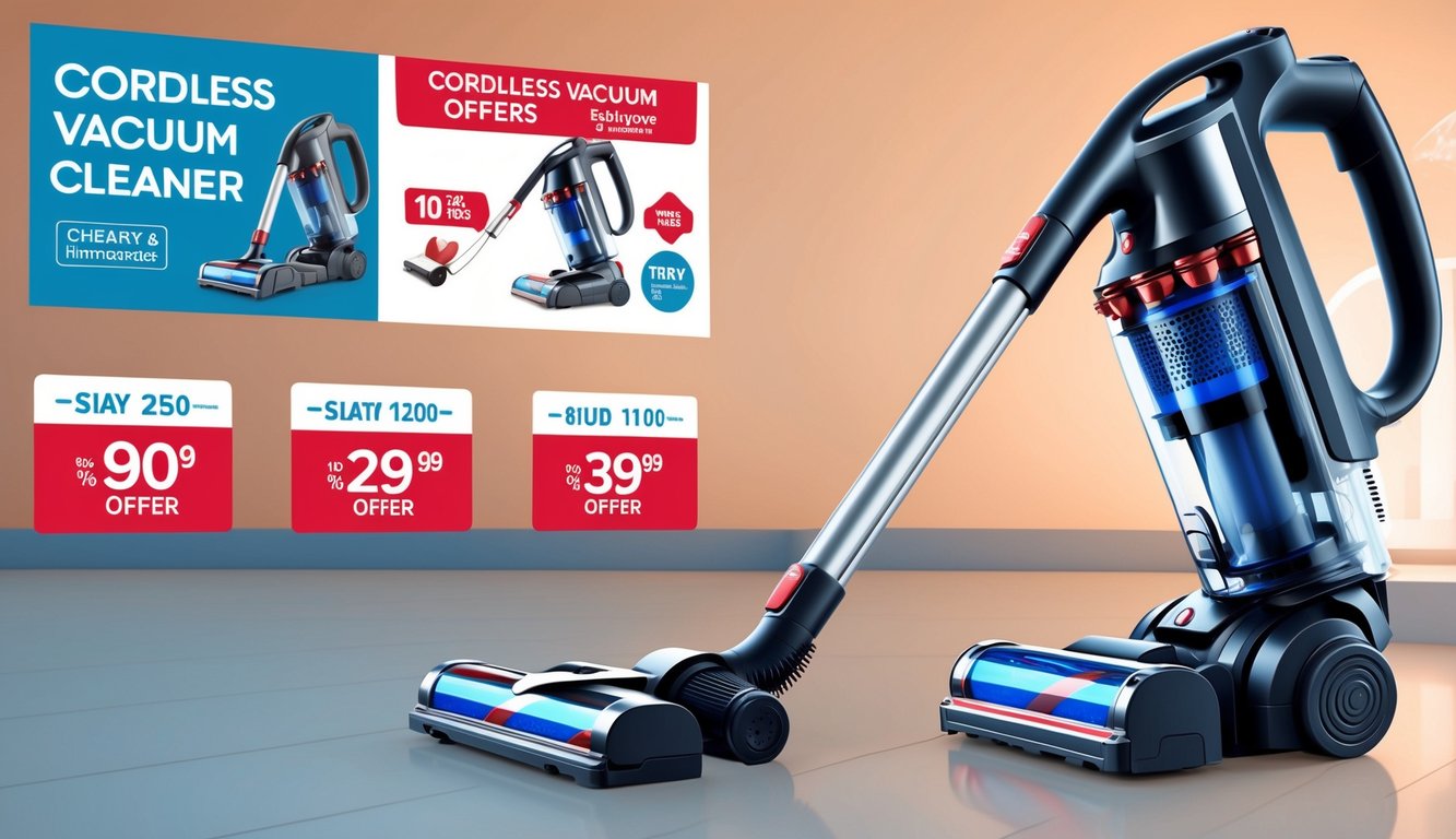 Un aspirateur sans fil moderne et élégant présenté avec des bannières promotionnelles et des offres.