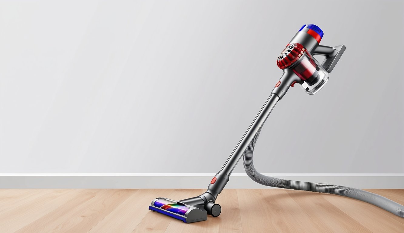 Un aspirateur élégant et moderne avec une puissance d'aspiration élevée, se tenant contre un fond propre et dégagé.