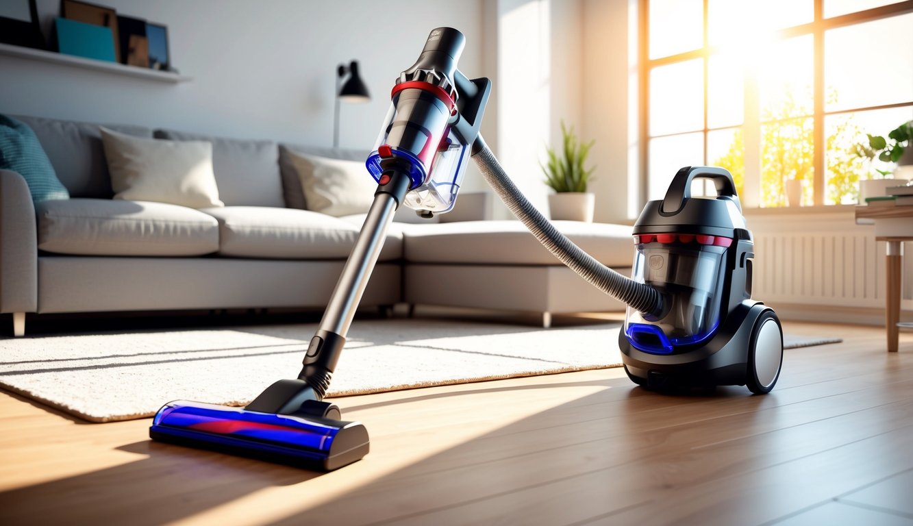 Un aspirateur sans fil moderne et élégant dans un salon bien rangé avec la lumière du soleil qui passe à travers la fenêtre