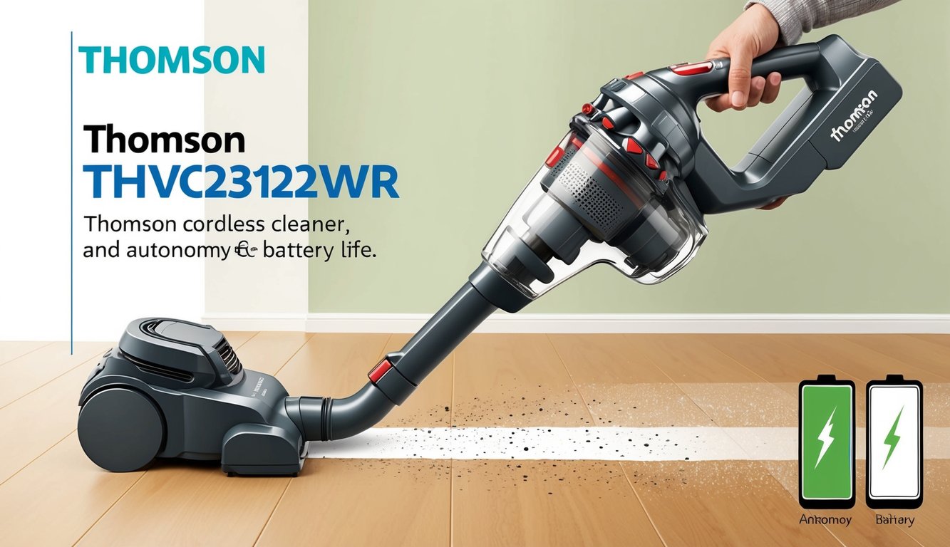 Un aspirateur sans fil (Thomson THVC2312WR) en action, montrant son autonomie et la durée de vie de sa batterie