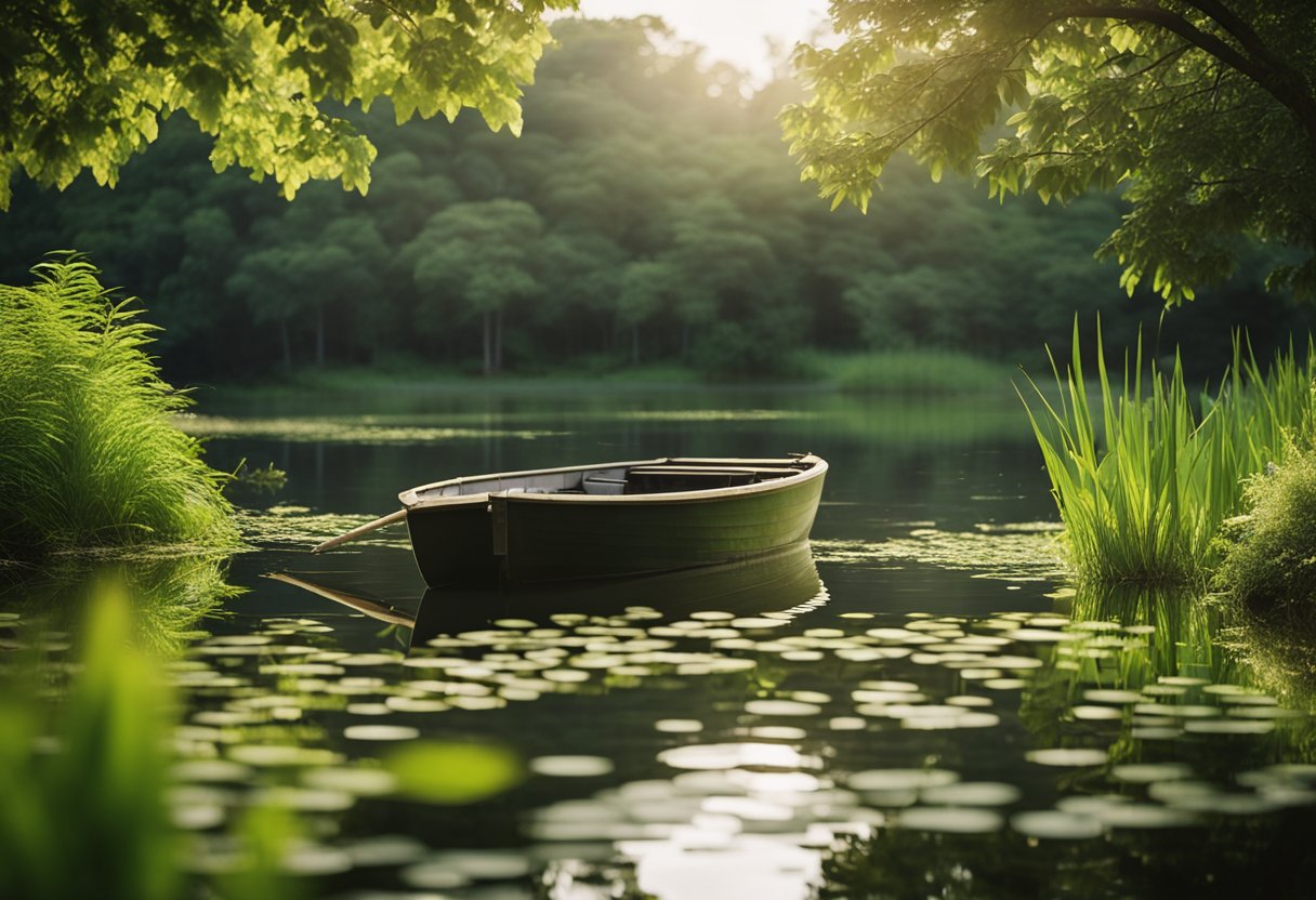 A tranquil pond surrounded by lush greenery, with a small boat or equipment for maintenance floating on the water