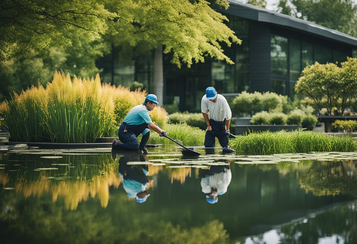 A pond maintenance worker visits monthly, tending to the pond with regular care and maintenance