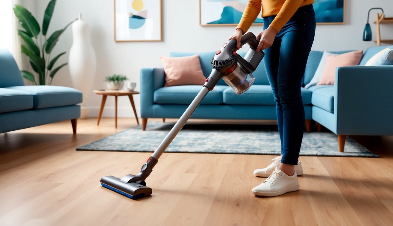 Une personne utilisant l'aspirateur sans fil Thomson THVC2312WR pour nettoyer un salon avec des meubles et un tapis