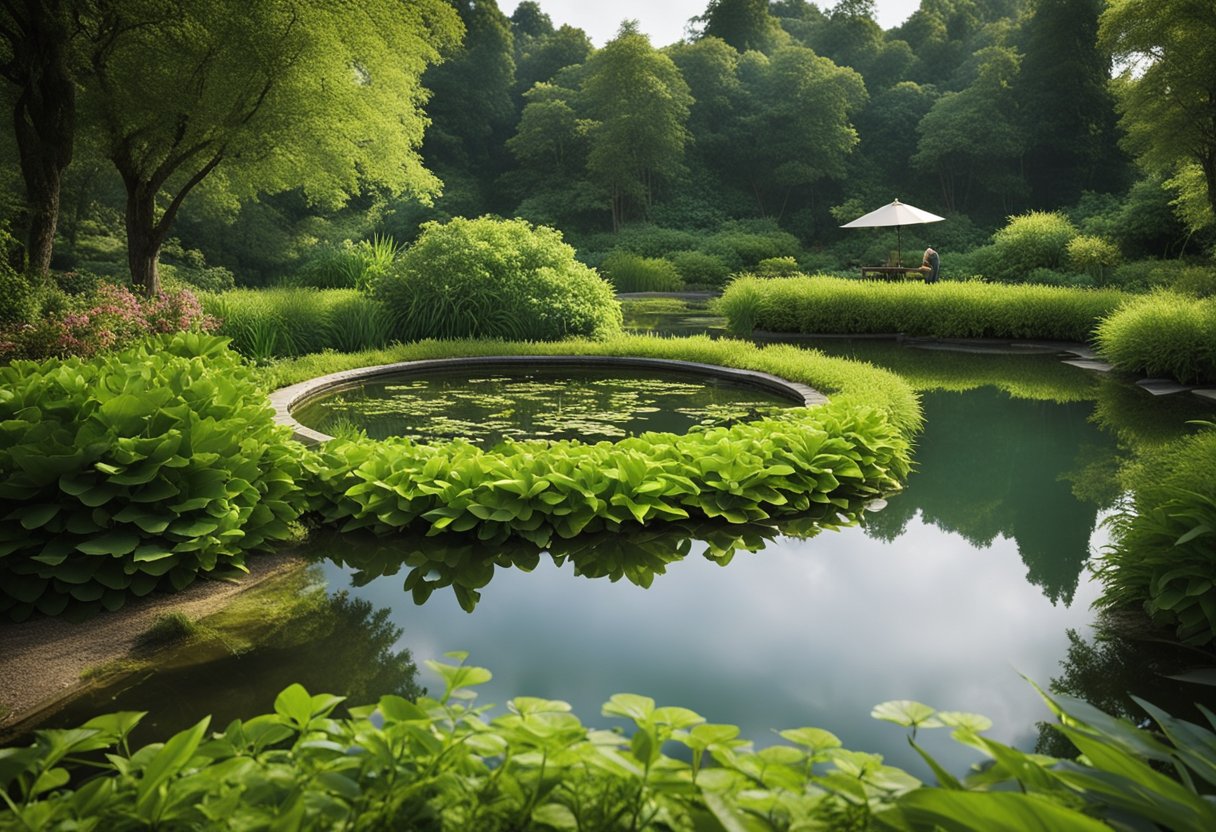 A serene pond surrounded by lush greenery, with a technician conducting monthly maintenance tasks such as cleaning, inspecting equipment, and treating the water