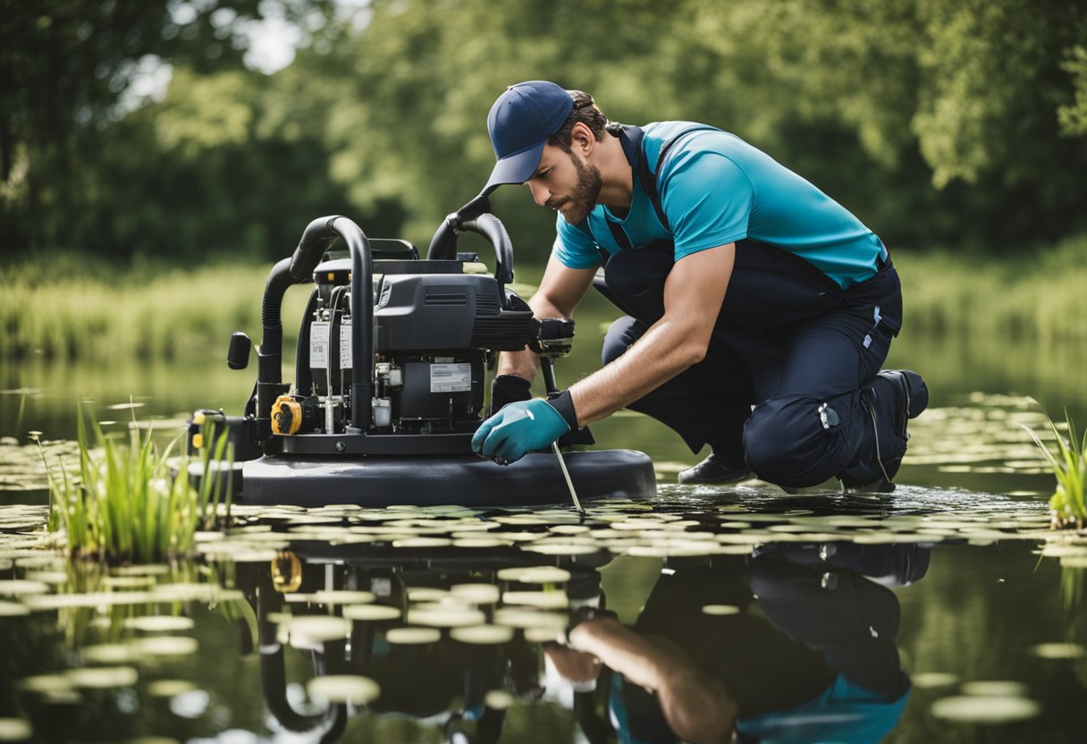 A technician performing monthly maintenance on a pond, checking equipment and ensuring proper care and cleanliness