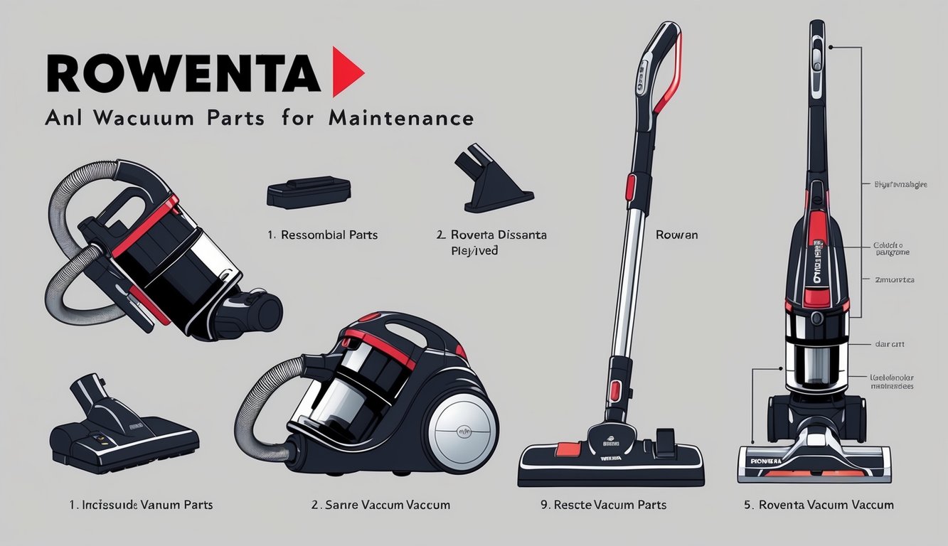 Une illustration de pièces d'aspirateur Rowenta démontées avec des étapes étiquetées pour l'entretien