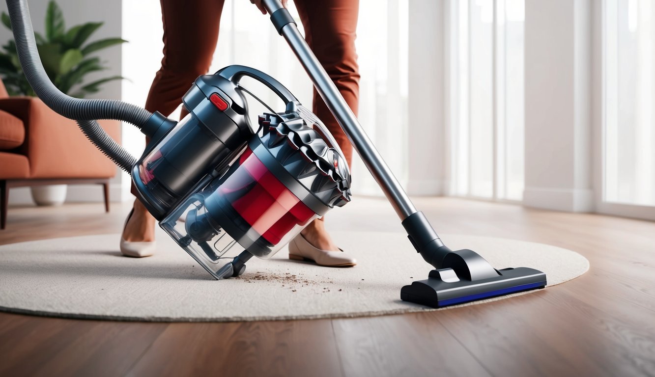 Un aspirateur moderne et élégant en action, avec un moteur puissant et des performances efficaces.