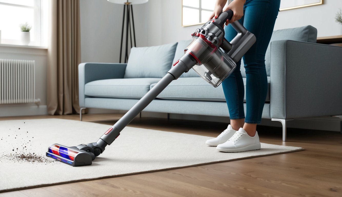 Un aspirateur sans fil A9 Max élégant en action, nettoyant et filtrant la pièce avec son système avancé