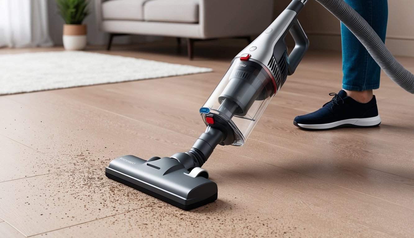 Un aspirateur Proscenic F10 Pro élégant en action, nettoyant efficacement une surface sèche