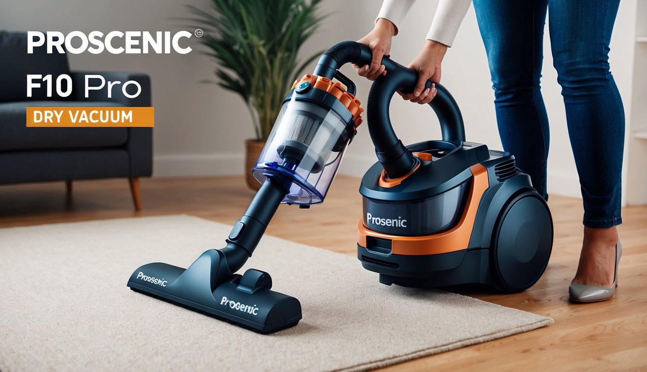 Un aspirateur sec proscenic f10 pro effectuant une démonstration de nettoyage