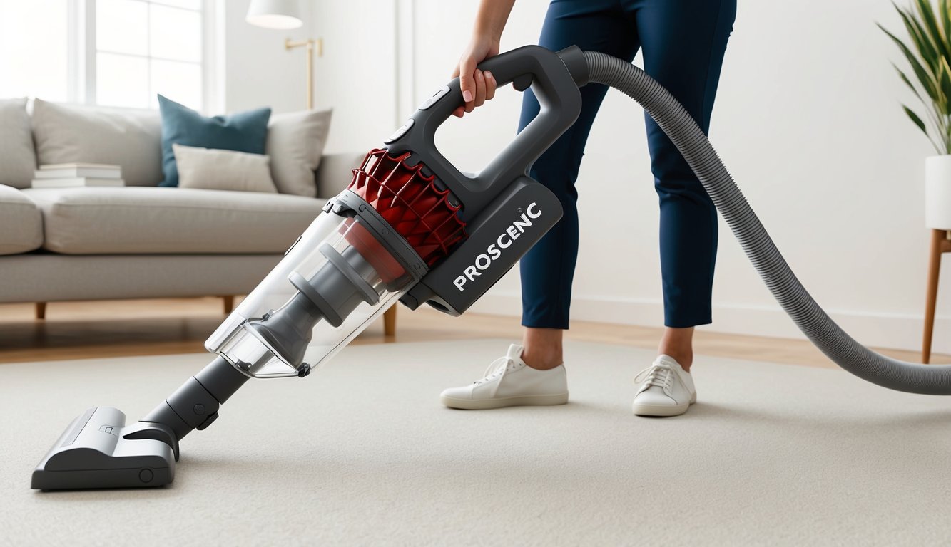 L'aspirateur sec Proscenic F10 Pro utilisé et entretenu dans une pièce propre, bien éclairée et avec peu d'encombrement.