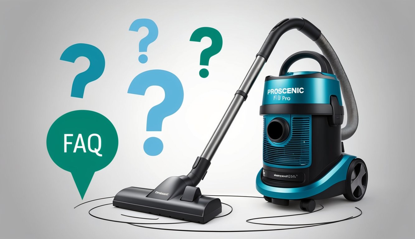 Un aspirateur (Proscenic F10 Pro) entouré de points d'interrogation et d'un panneau FAQ