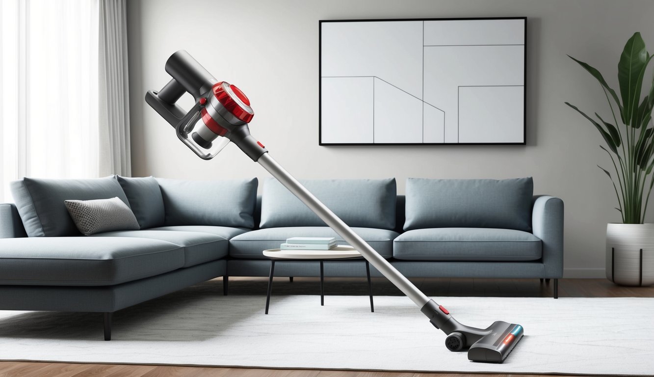 Un aspirateur-balai sans fil élégant dans un salon moderne, avec un design minimaliste et des caractéristiques ergonomiques.